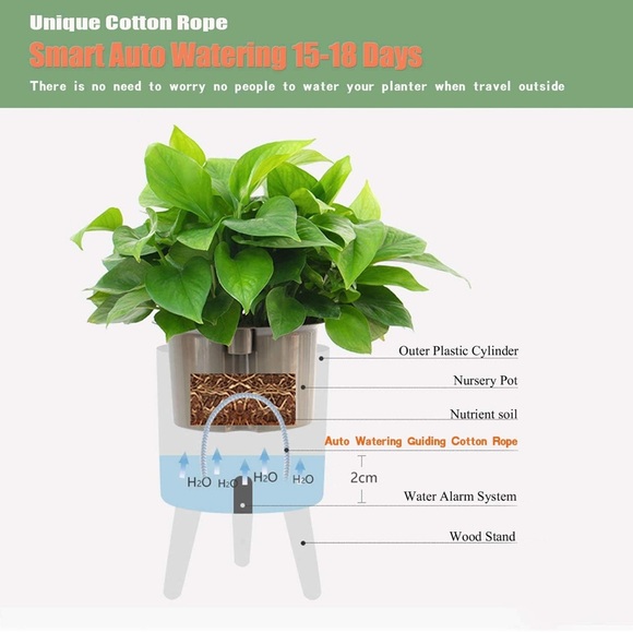 Smart Plant Watering Pot with Alarm and Decorative Wooden Legs - Picture 2 of 10